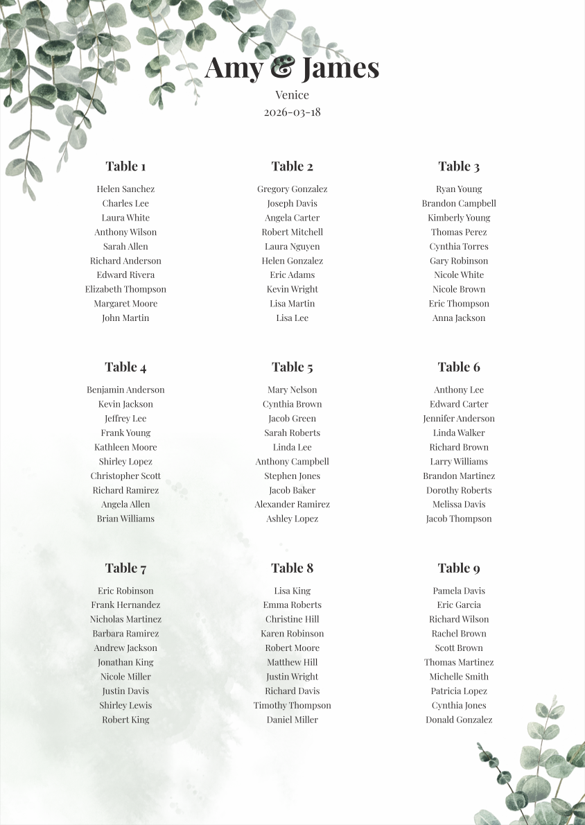 Guest-count printable seating chart preview